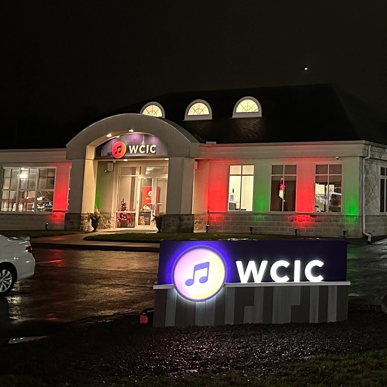 WCIC Building with Christmas Lights